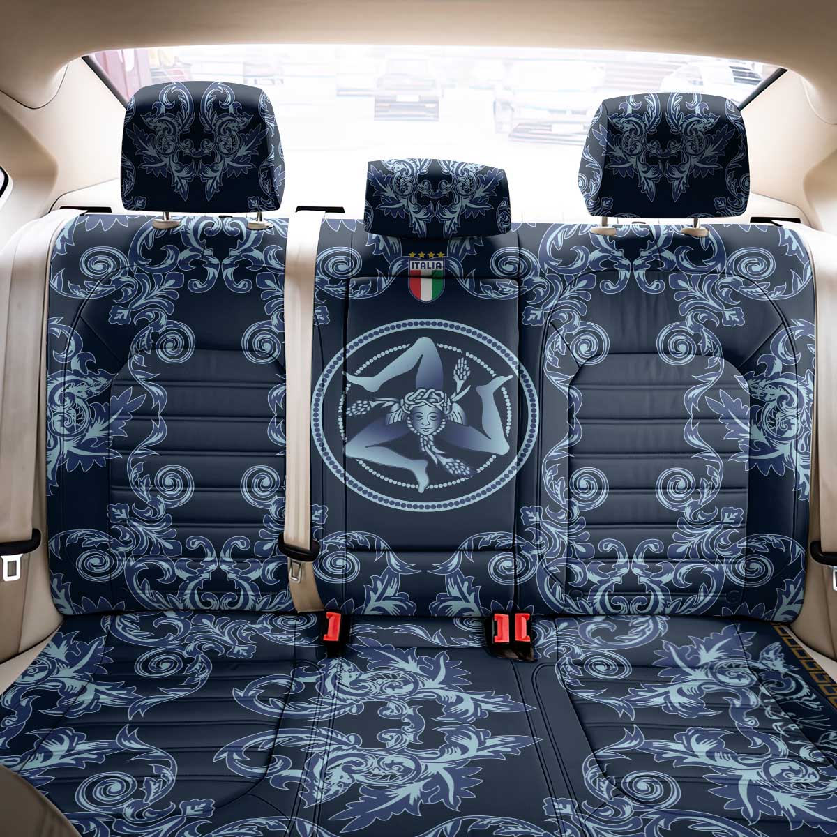 Italy Football 2026 Back Car Seat Cover Italian Trinacria Blue Baroque Design