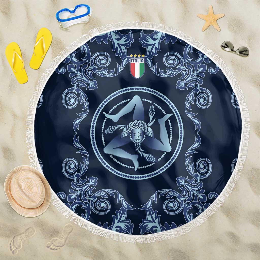 Italy Football 2026 Beach Blanket Italian Trinacria Blue Baroque Design