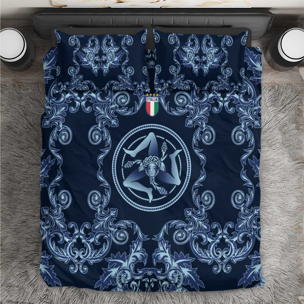 Italy Football 2026 Bedding Set Italian Trinacria Blue Baroque Design