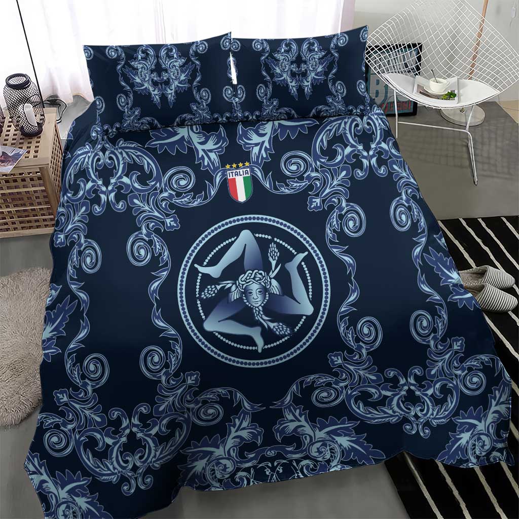 Italy Football 2026 Bedding Set Italian Trinacria Blue Baroque Design
