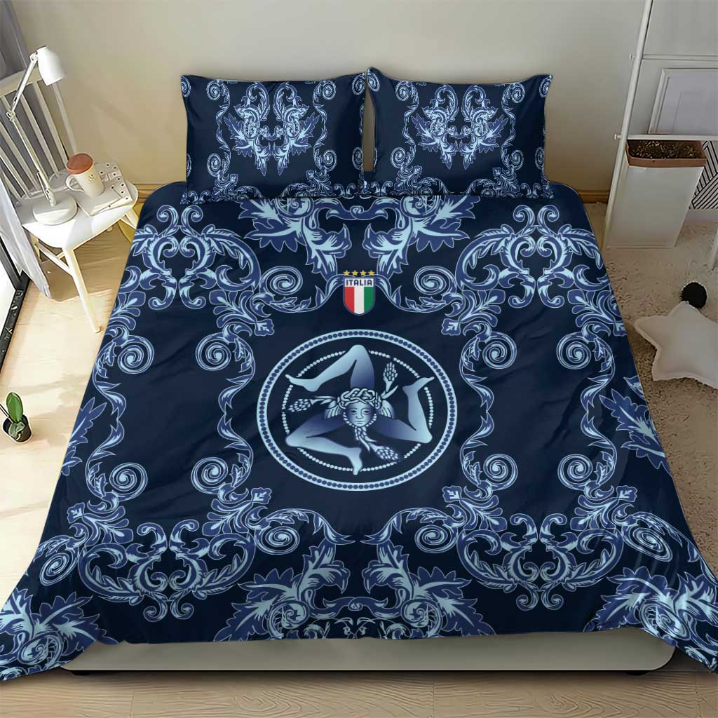Italy Football 2026 Bedding Set Italian Trinacria Blue Baroque Design