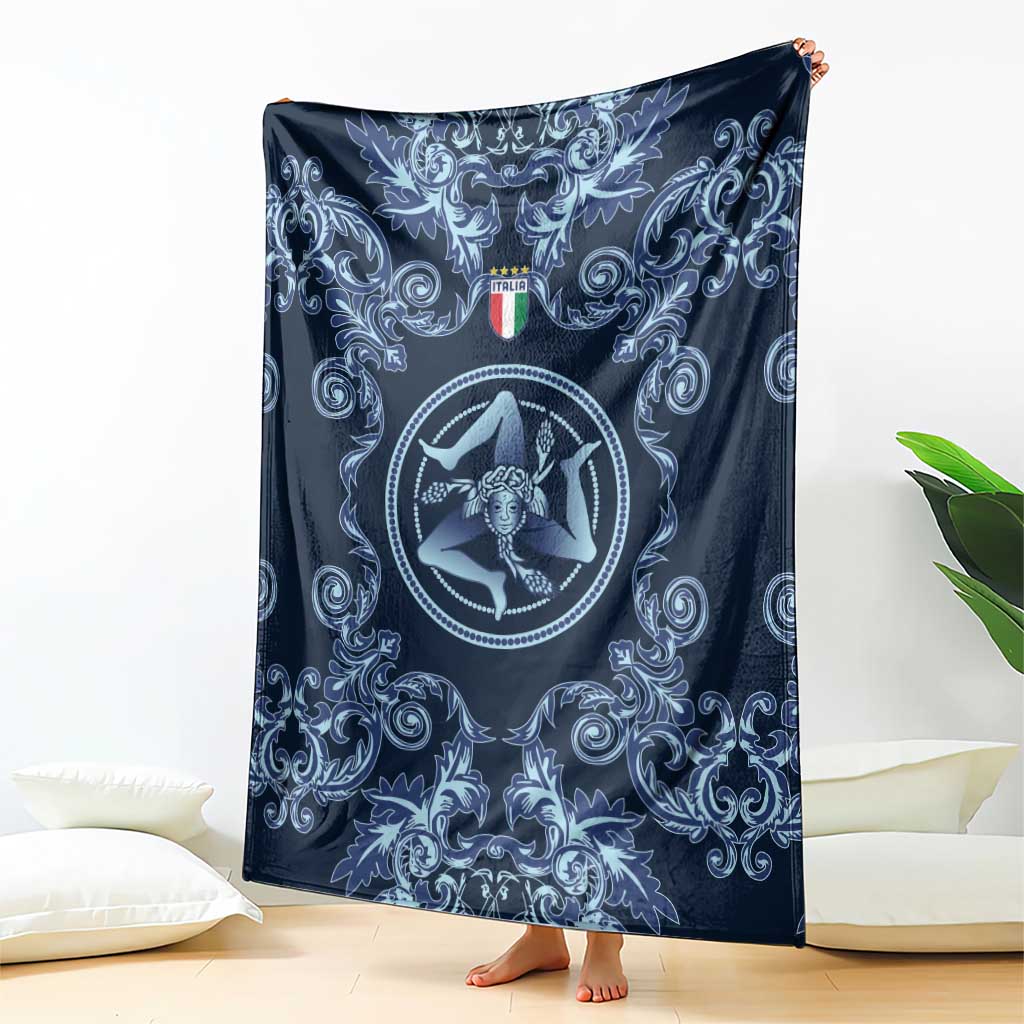 Italy Football 2026 Blanket Italian Trinacria Blue Baroque Design