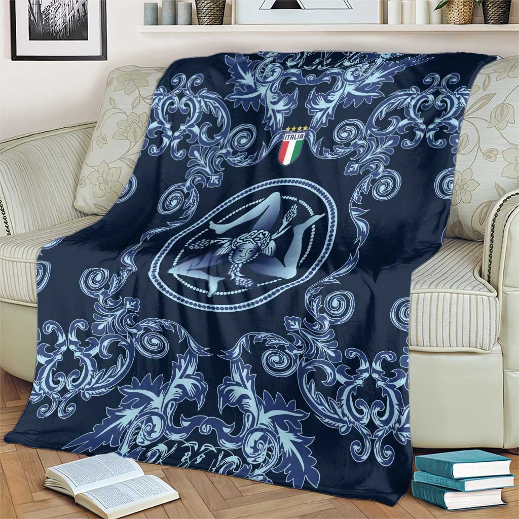 Italy Football 2026 Blanket Italian Trinacria Blue Baroque Design