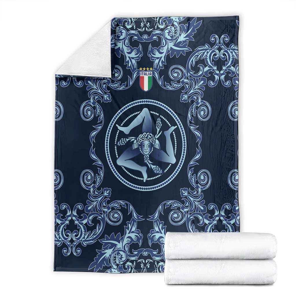 Italy Football 2026 Blanket Italian Trinacria Blue Baroque Design