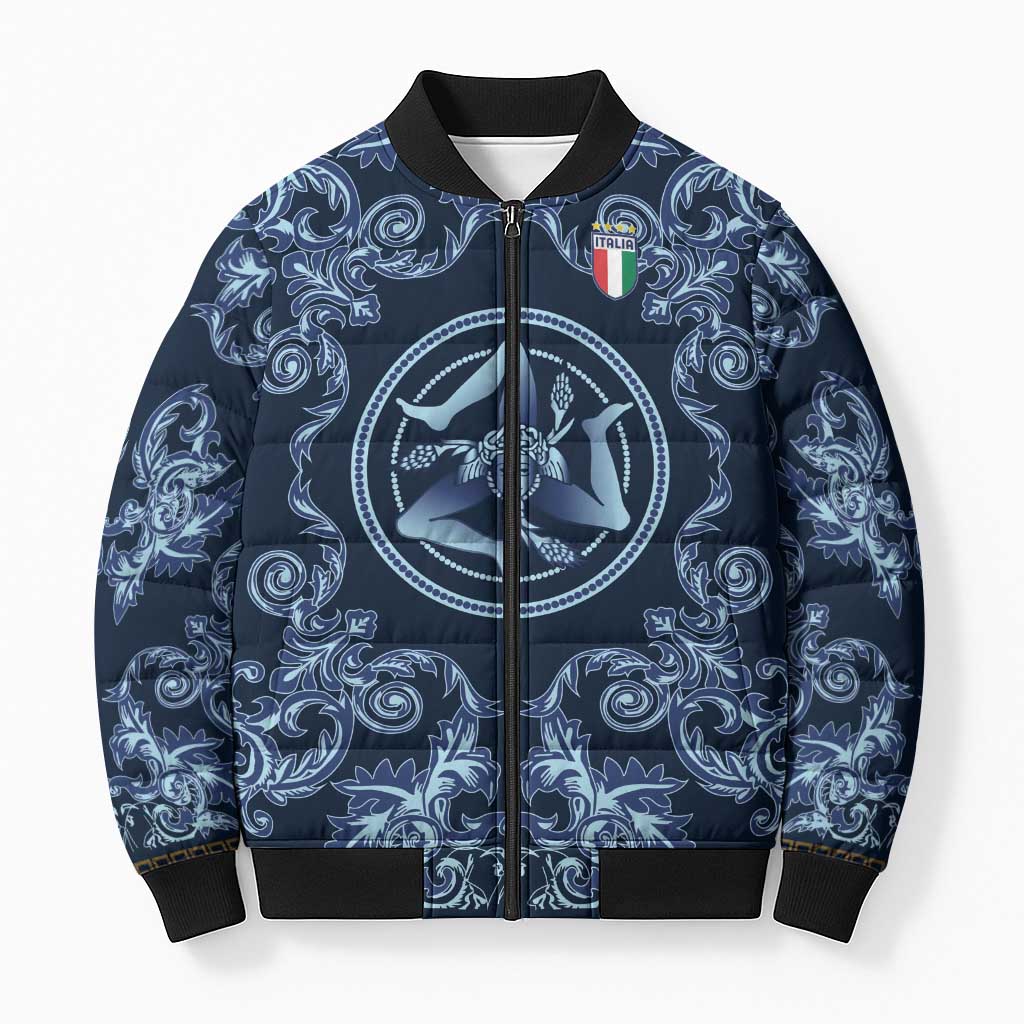 Custom Italy Football 2026 Bomber Puffer Jacket Italian Trinacria Blue Baroque Design