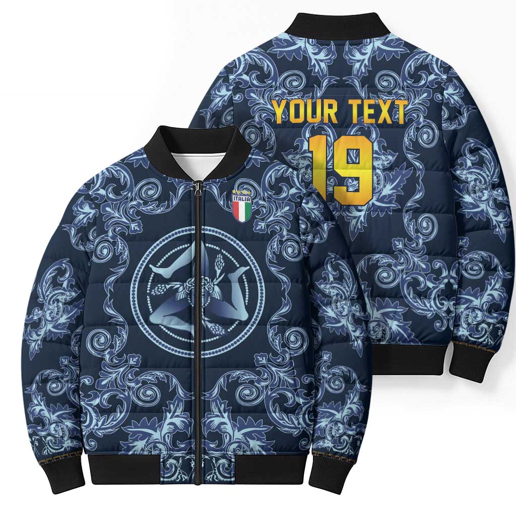 Custom Italy Football 2026 Bomber Puffer Jacket Italian Trinacria Blue Baroque Design