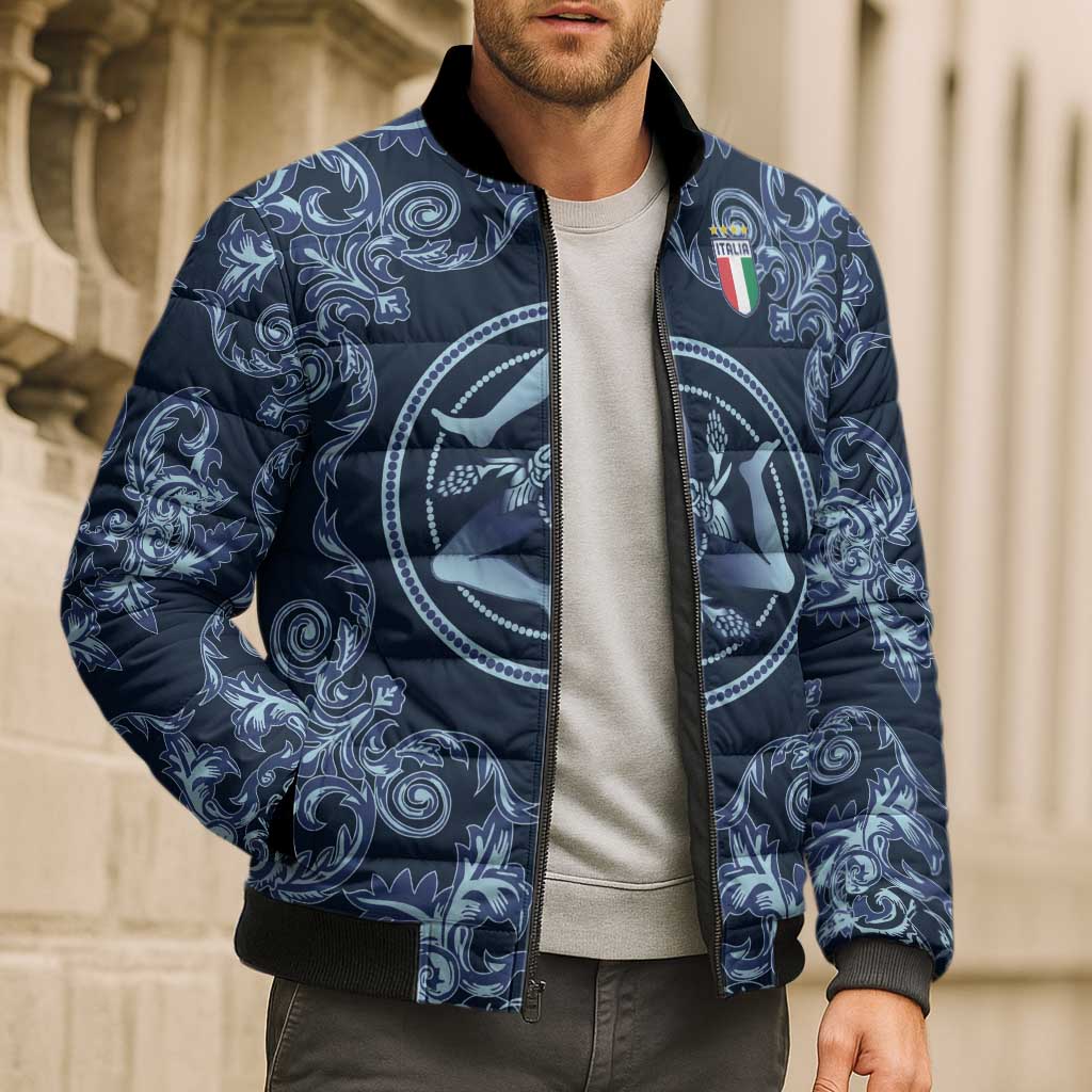 Custom Italy Football 2026 Bomber Puffer Jacket Italian Trinacria Blue Baroque Design