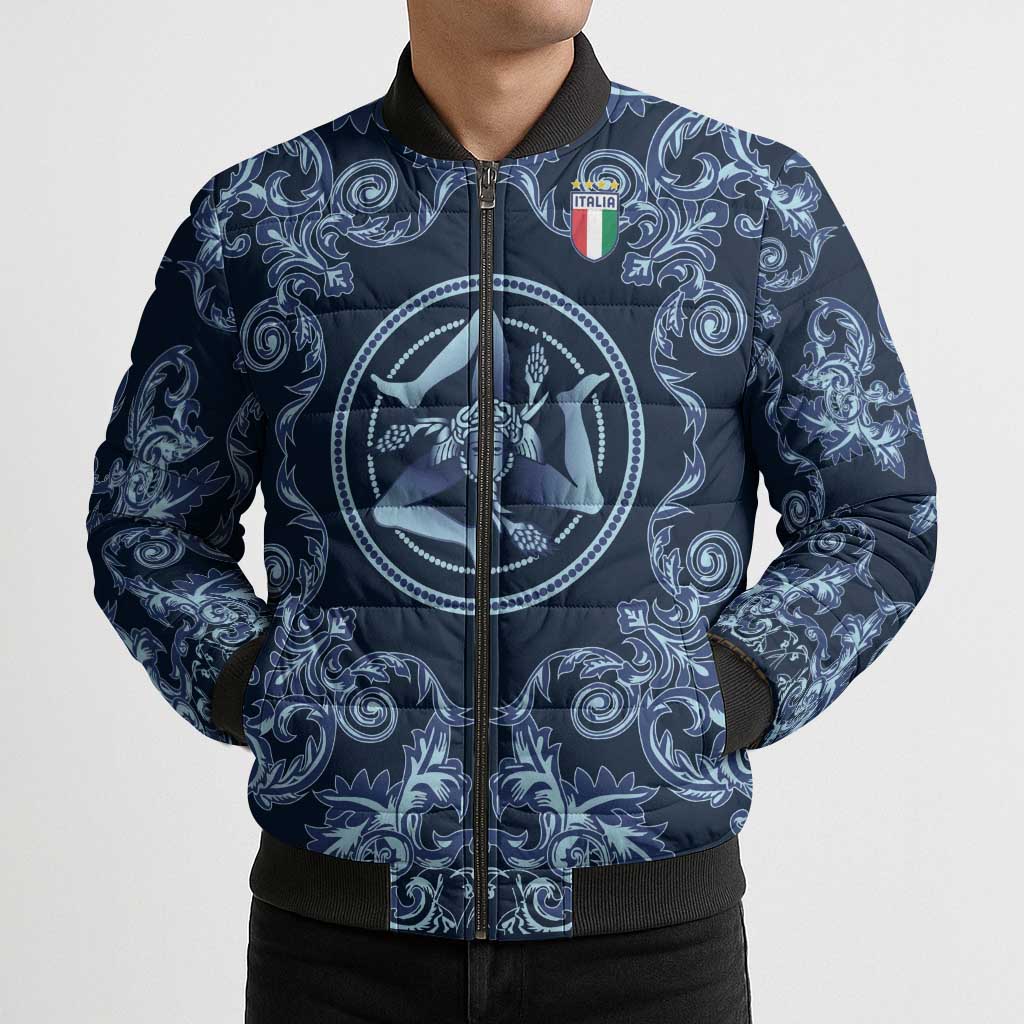 Custom Italy Football 2026 Bomber Puffer Jacket Italian Trinacria Blue Baroque Design