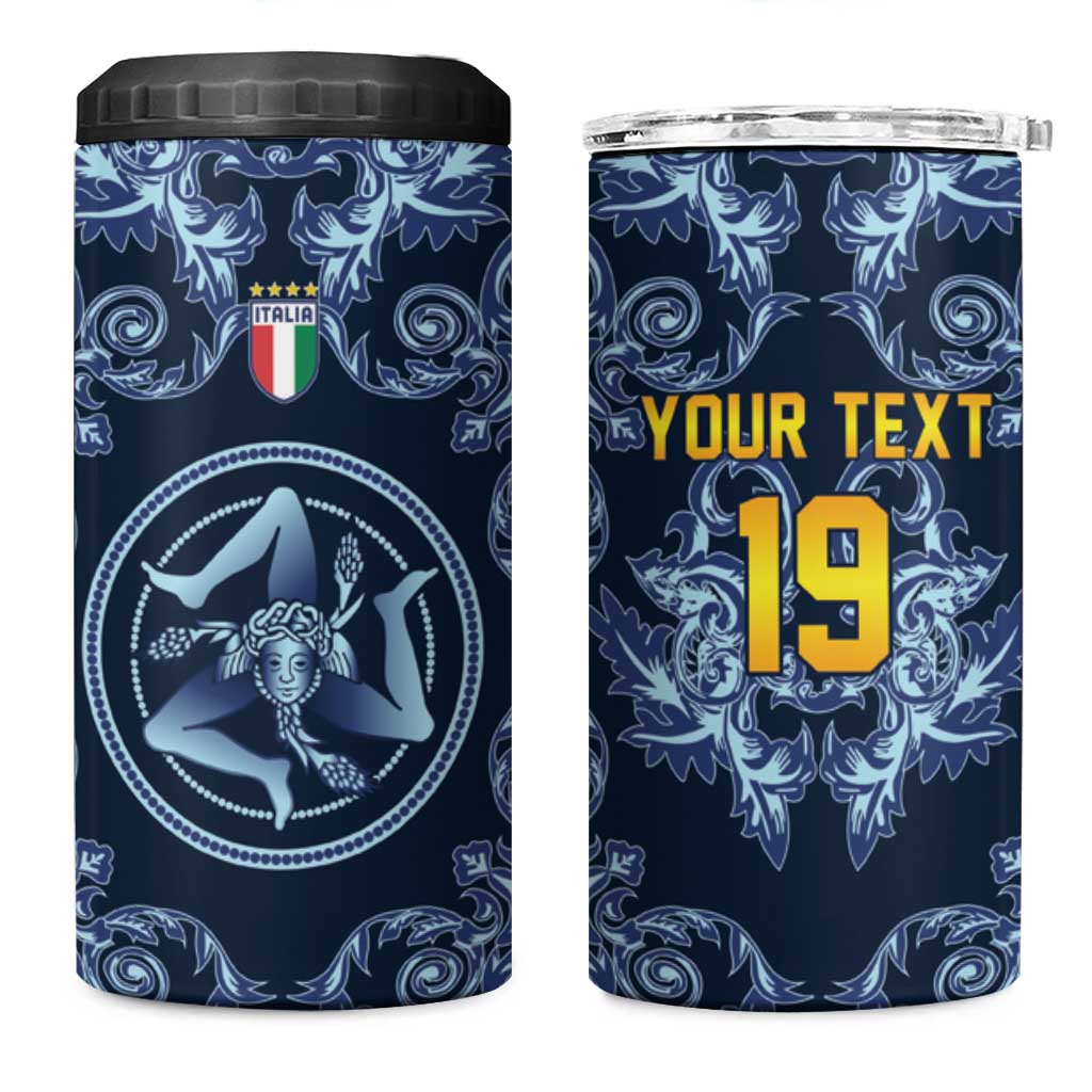Custom Italy Football 2026 4 in 1 Can Cooler Tumbler Italian Trinacria Blue Baroque Design