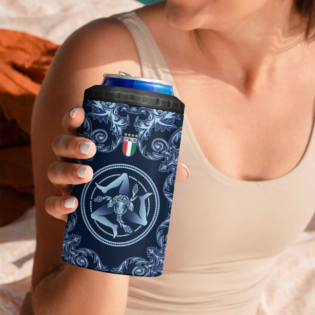 Custom Italy Football 2026 4 in 1 Can Cooler Tumbler Italian Trinacria Blue Baroque Design