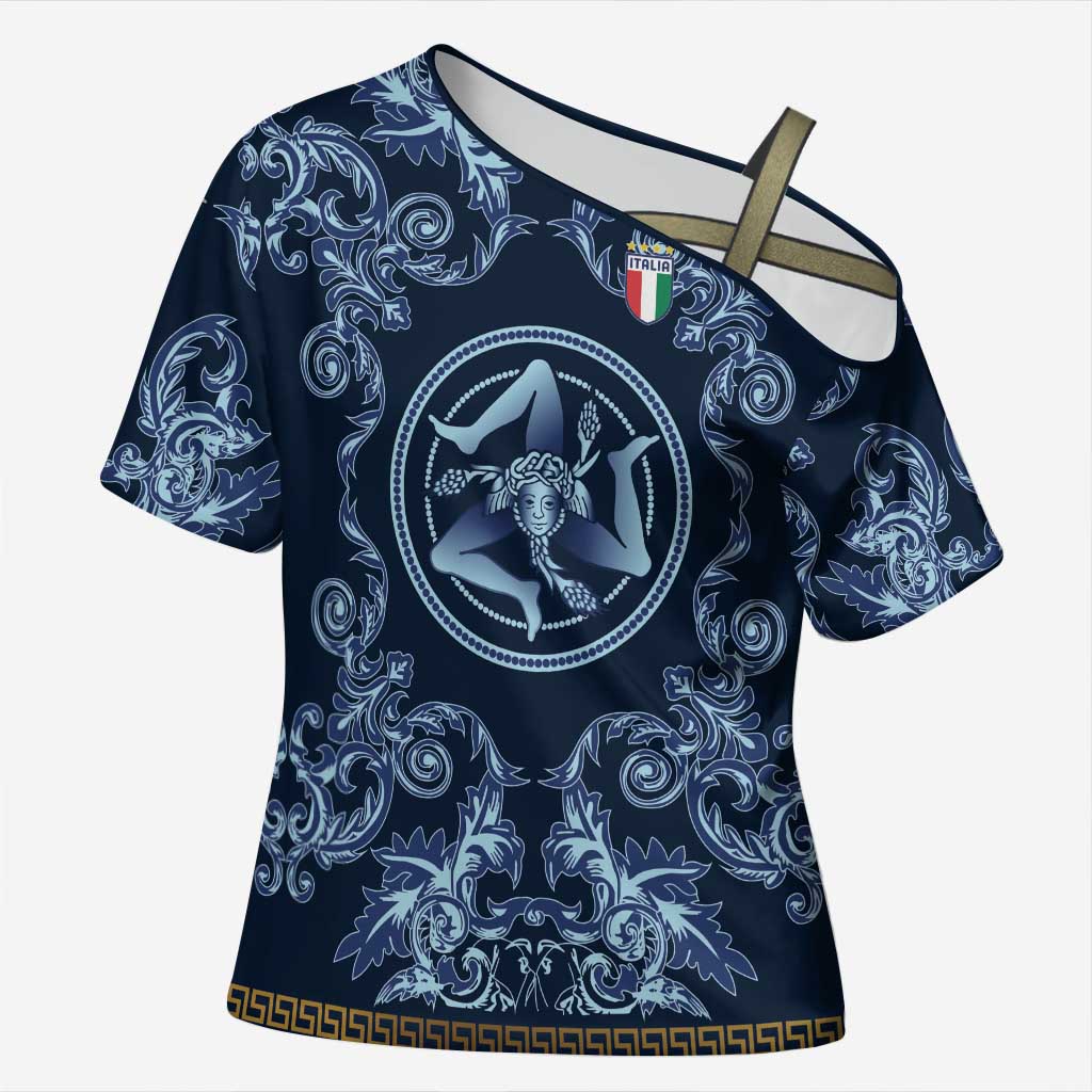 Custom Italy Football 2026 Cross Shoulder Shirt Italian Trinacria Blue Baroque Design