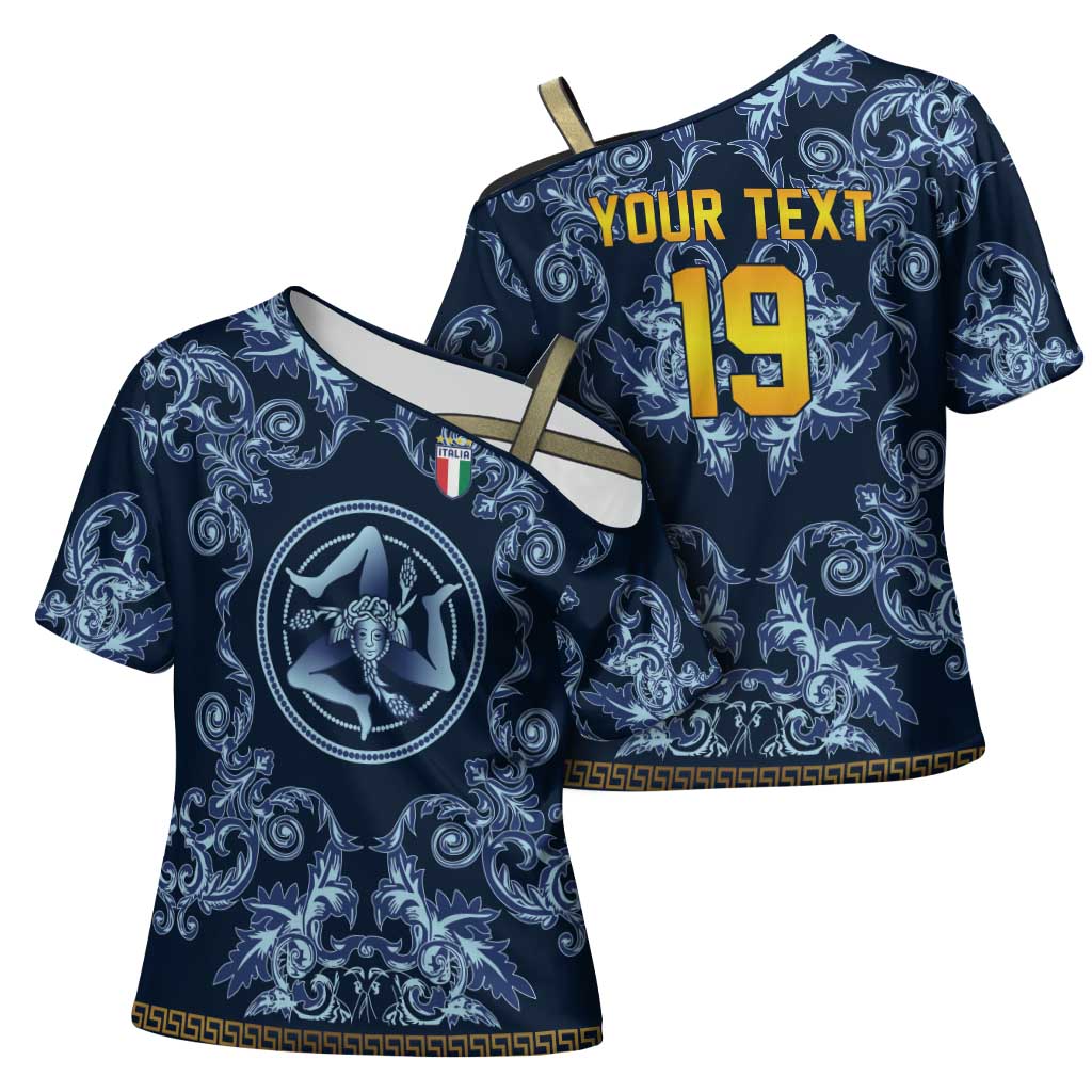 Custom Italy Football 2026 Cross Shoulder Shirt Italian Trinacria Blue Baroque Design