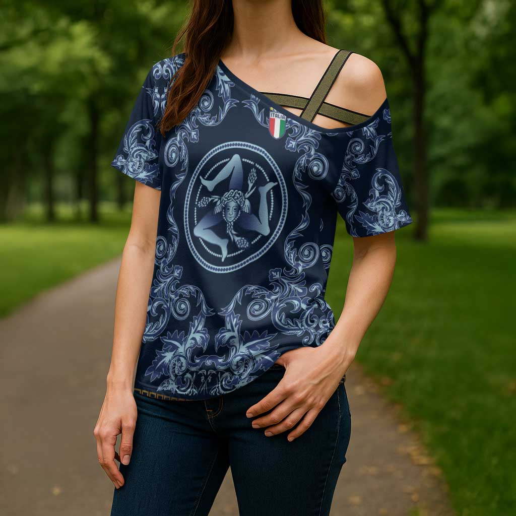 Custom Italy Football 2026 Cross Shoulder Shirt Italian Trinacria Blue Baroque Design