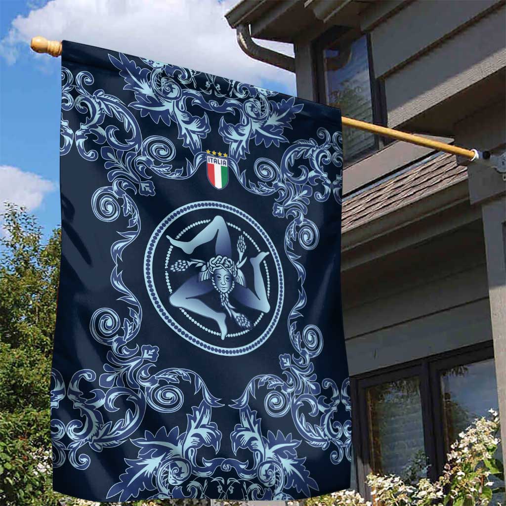 Italy Football 2026 Garden Flag Italian Trinacria Blue Baroque Design