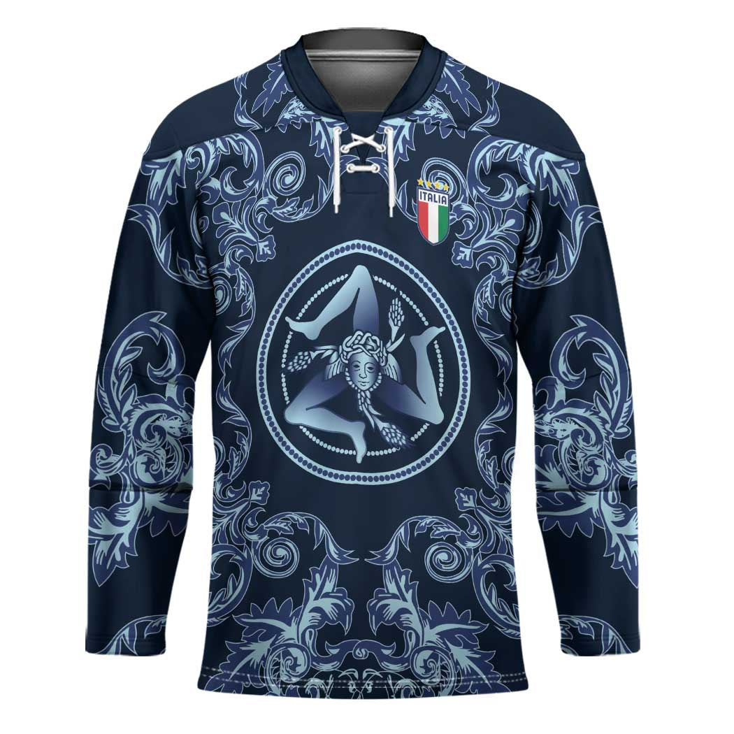 Custom Italy Football 2026 Hockey Jersey Italian Trinacria Blue Baroque Design
