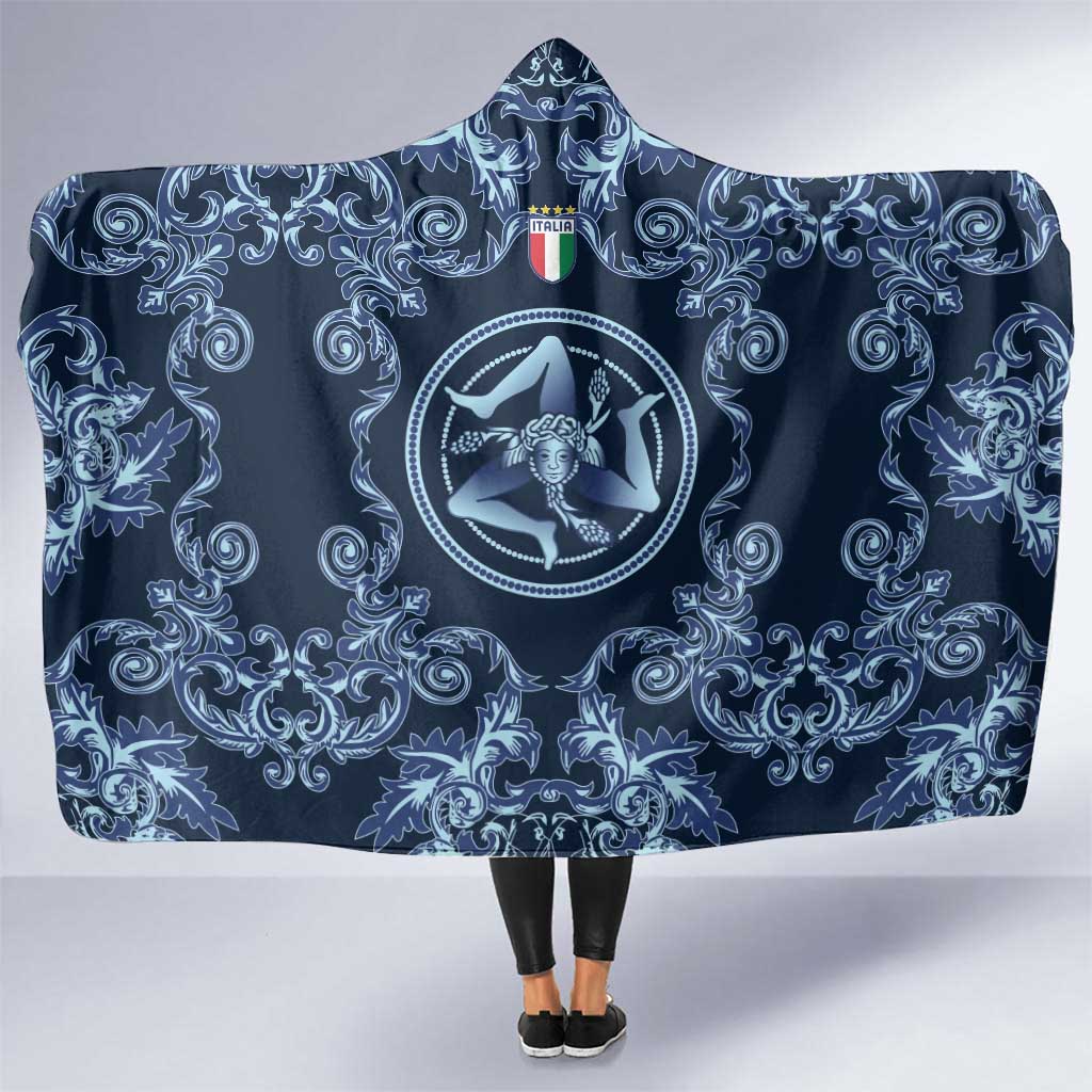 Italy Football 2026 Hooded Blanket Italian Trinacria Blue Baroque Design