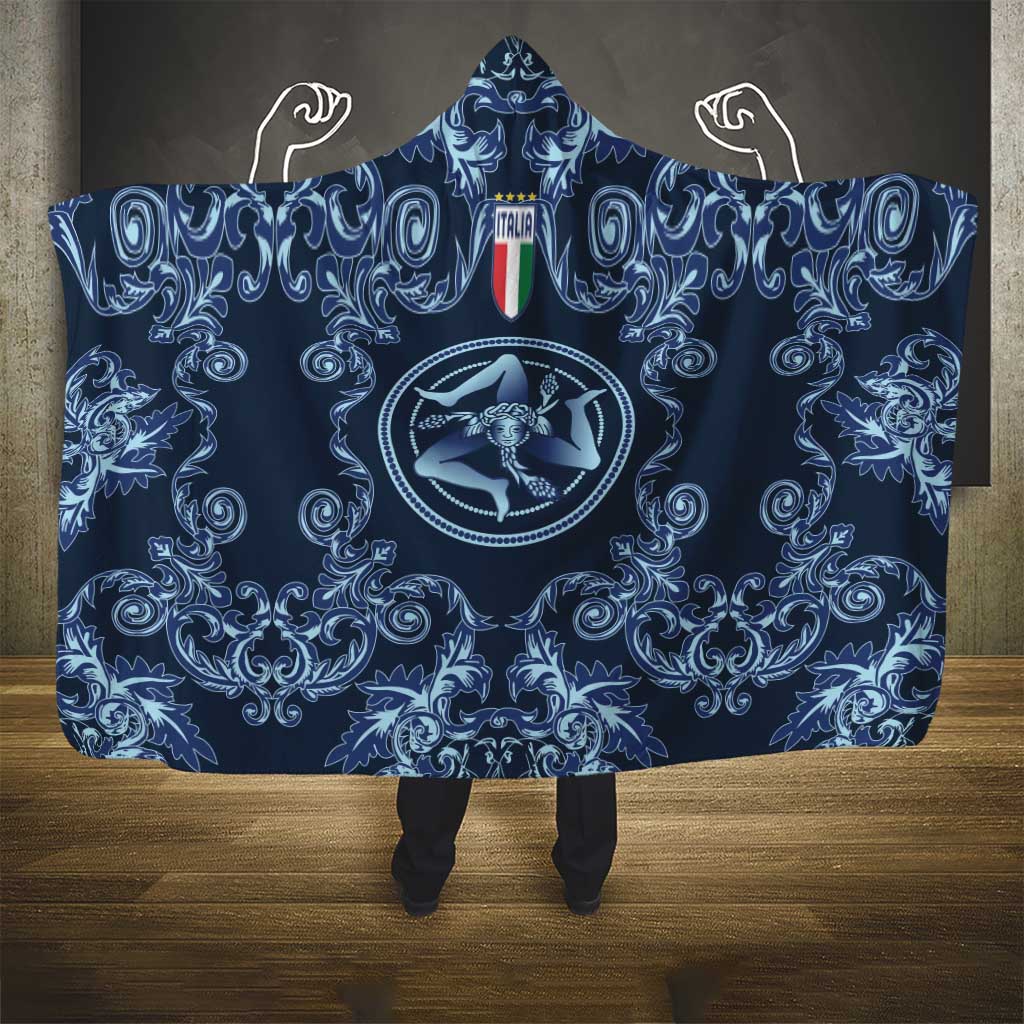 Italy Football 2026 Hooded Blanket Italian Trinacria Blue Baroque Design