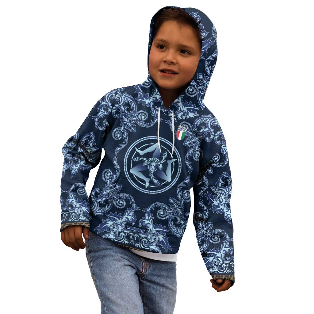 Custom Italy Football 2026 Kid Hoodie Italian Trinacria Blue Baroque Design