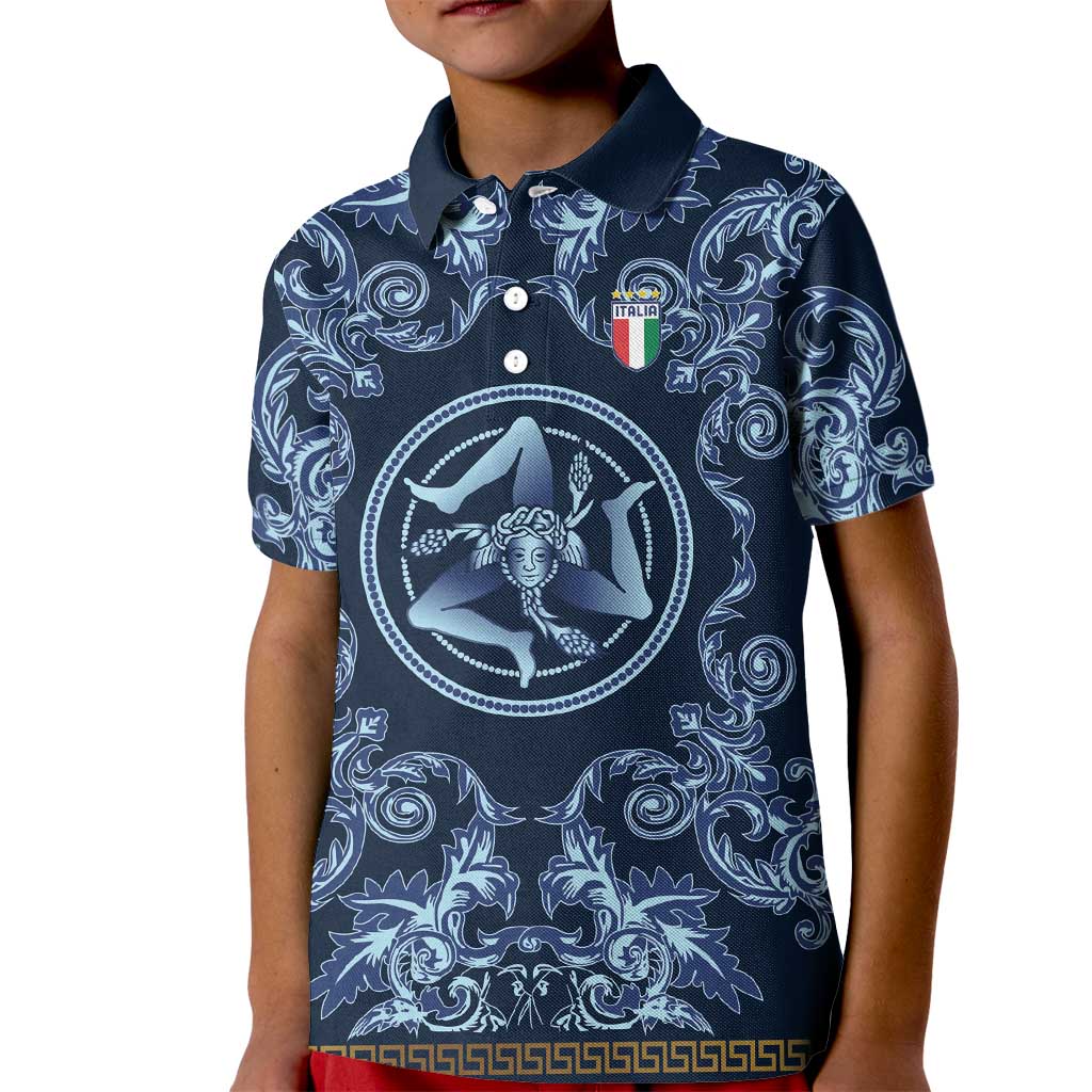 Custom Italy Football 2026 Kid Polo Shirt Italian Trinacria Blue Baroque Design
