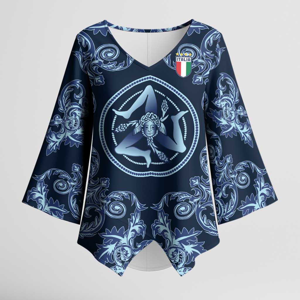 Custom Italy Football 2026 Kimono Sleeve Blouse Italian Trinacria Blue Baroque Design