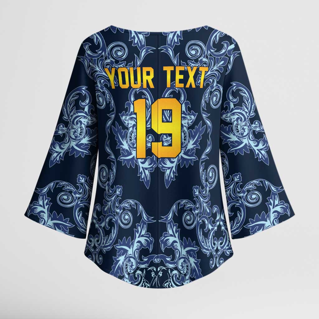 Custom Italy Football 2026 Kimono Sleeve Blouse Italian Trinacria Blue Baroque Design