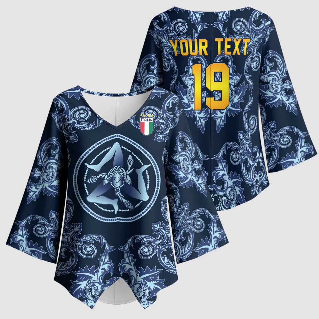 Custom Italy Football 2026 Kimono Sleeve Blouse Italian Trinacria Blue Baroque Design