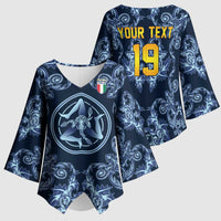 Custom Italy Football 2026 Kimono Sleeve Blouse Italian Trinacria Blue Baroque Design