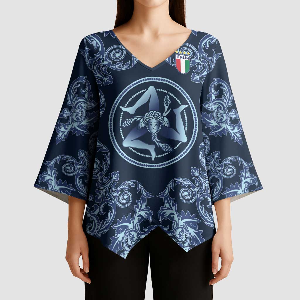 Custom Italy Football 2026 Kimono Sleeve Blouse Italian Trinacria Blue Baroque Design