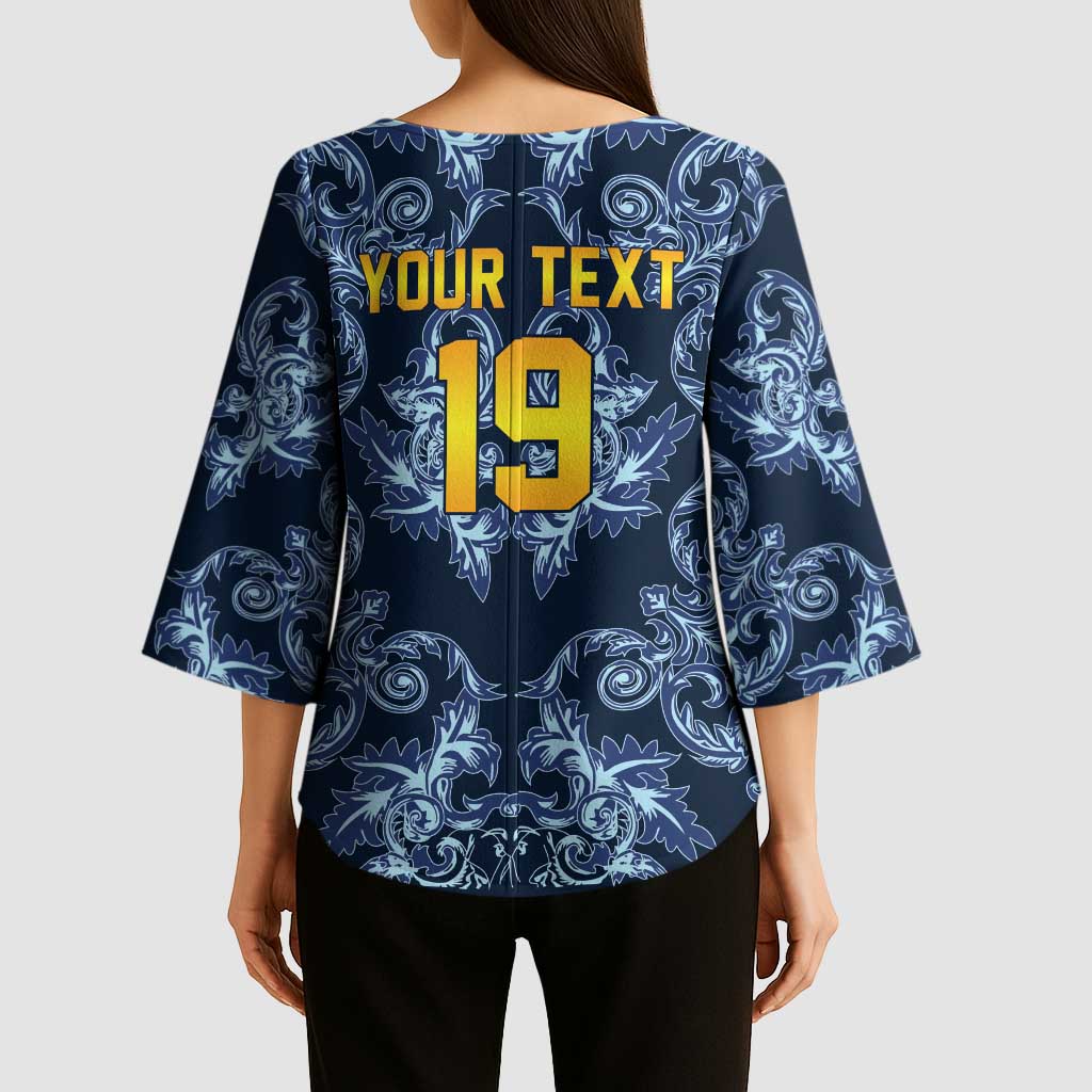 Custom Italy Football 2026 Kimono Sleeve Blouse Italian Trinacria Blue Baroque Design