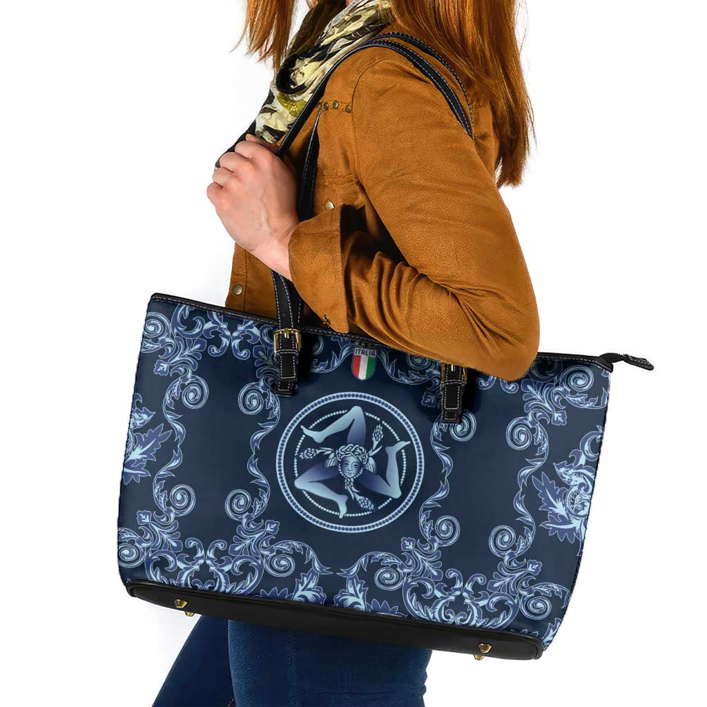 Italy Football 2026 Leather Tote Bag Italian Trinacria Blue Baroque Design