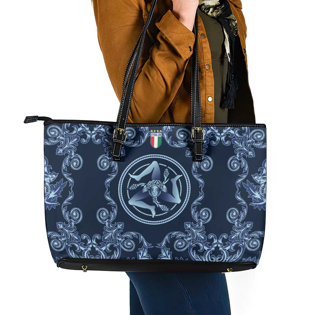 Italy Football 2026 Leather Tote Bag Italian Trinacria Blue Baroque Design