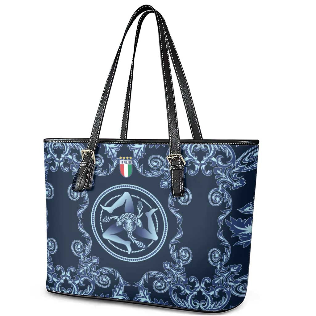 Italy Football 2026 Leather Tote Bag Italian Trinacria Blue Baroque Design