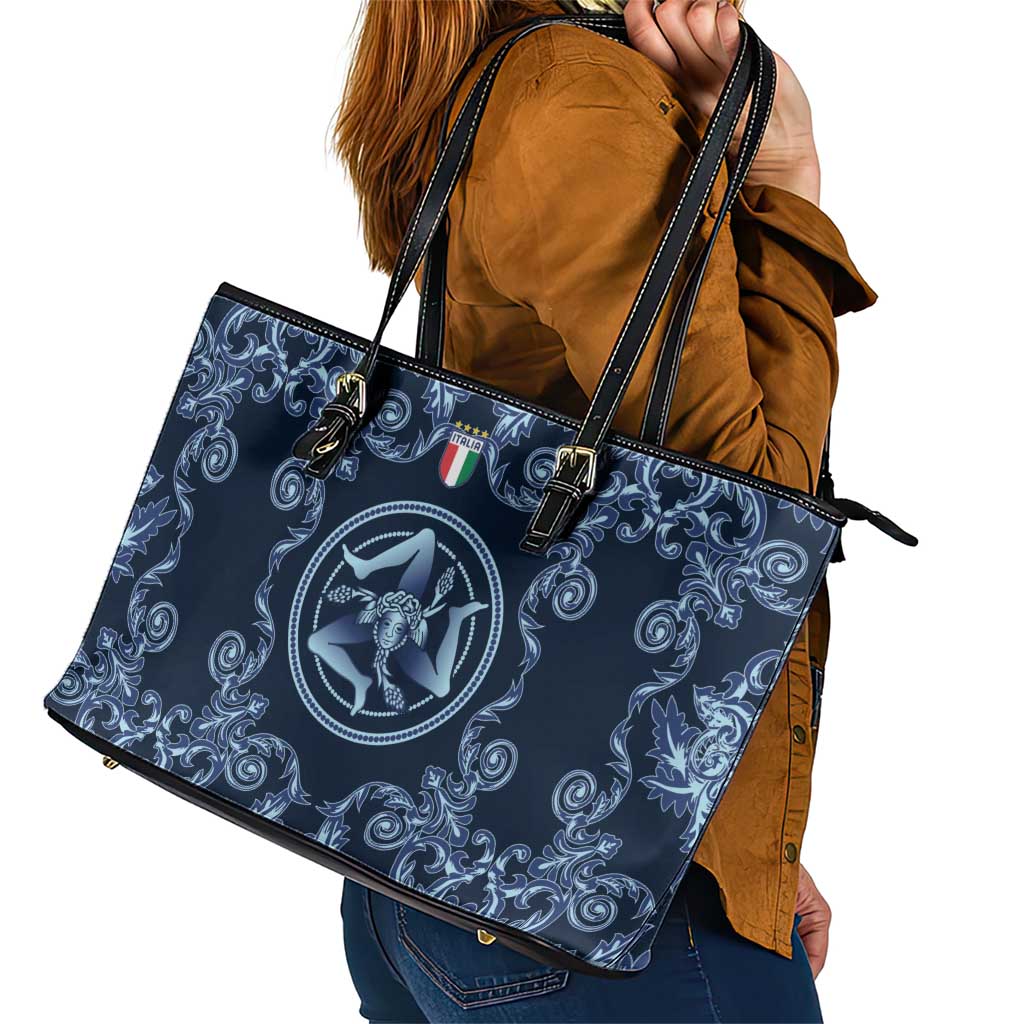 Italy Football 2026 Leather Tote Bag Italian Trinacria Blue Baroque Design