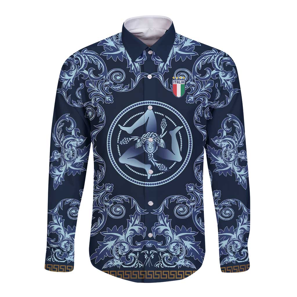 Custom Italy Football 2026 Long Sleeve Button Shirt Italian Trinacria Blue Baroque Design
