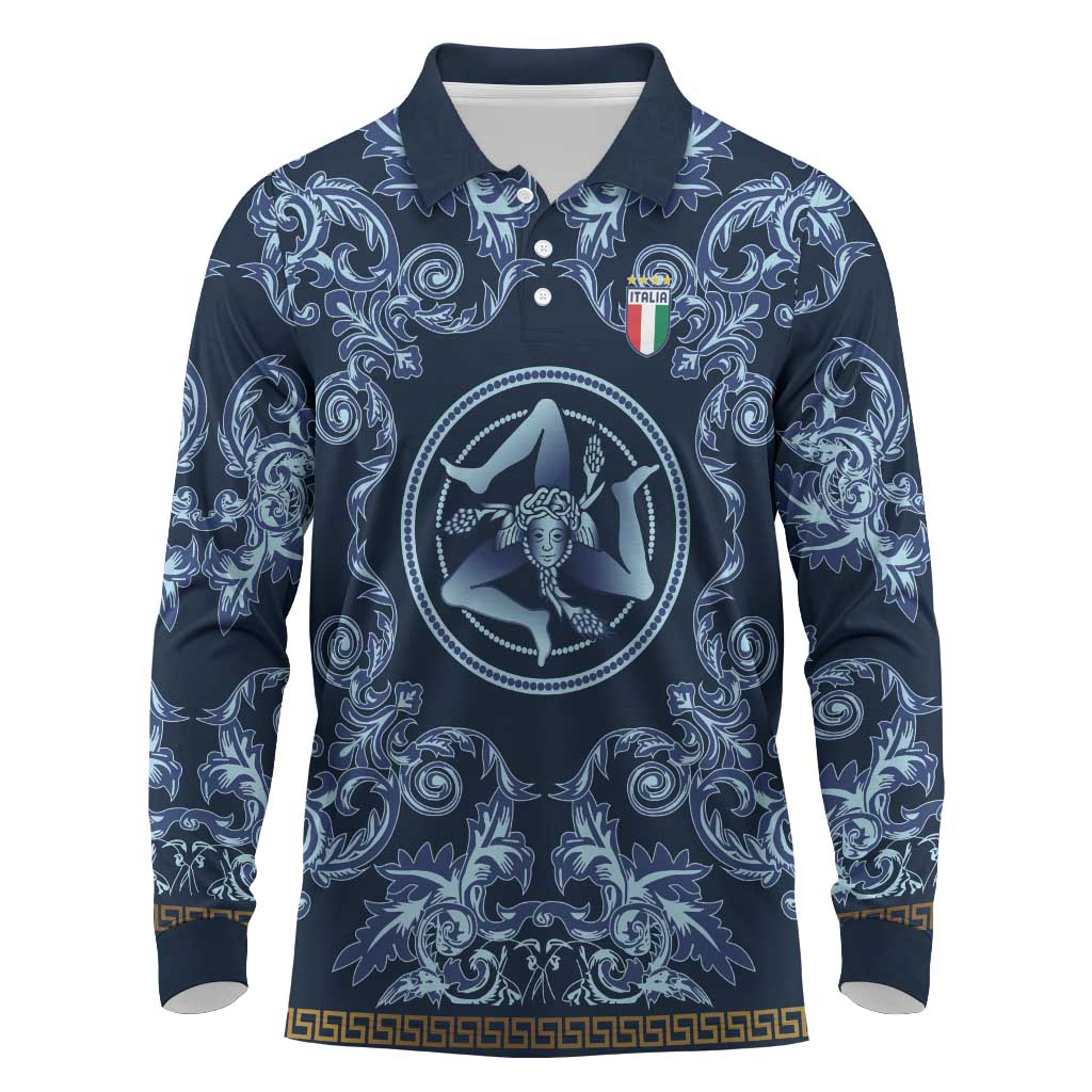Custom Italy Football 2026 Long Sleeve Polo Shirt Italian Trinacria Blue Baroque Design