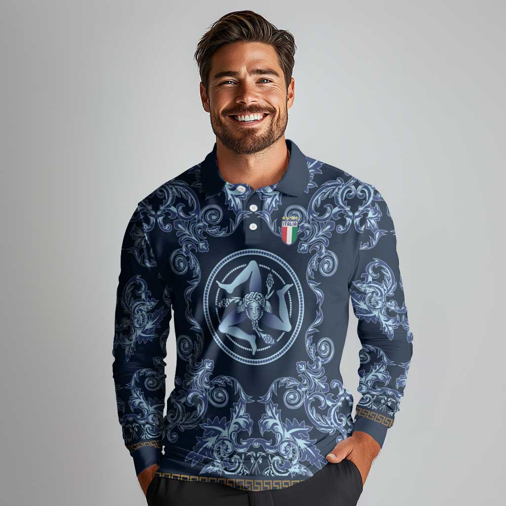 Custom Italy Football 2026 Long Sleeve Polo Shirt Italian Trinacria Blue Baroque Design