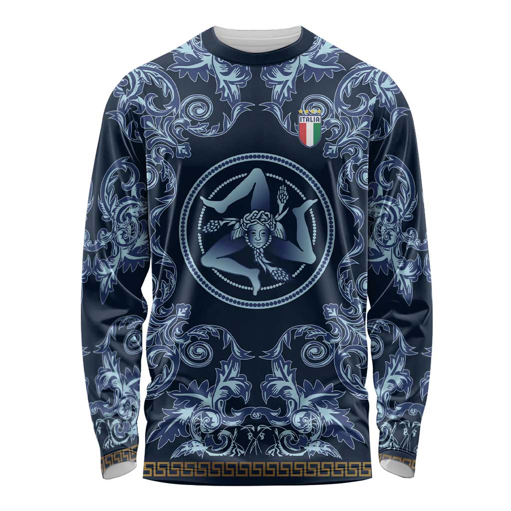 Custom Italy Football 2026 Long Sleeve Shirt Italian Trinacria Blue Baroque Design