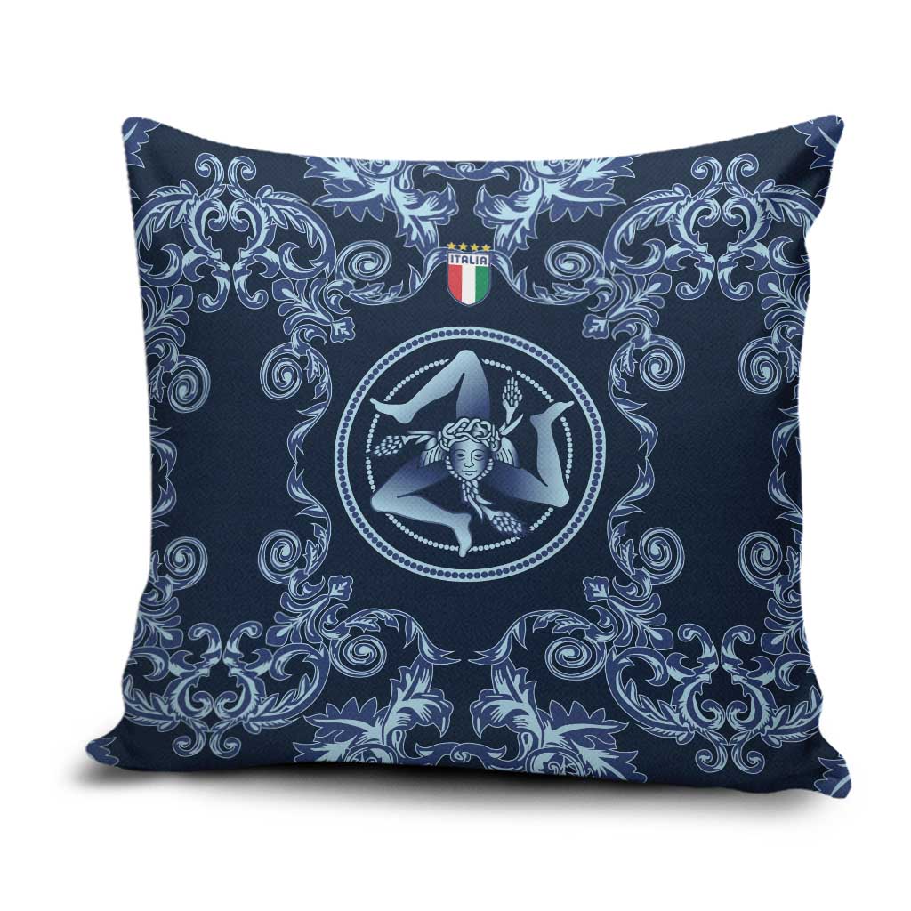 Italy Football 2026 Pillow Cover Italian Trinacria Blue Baroque Design