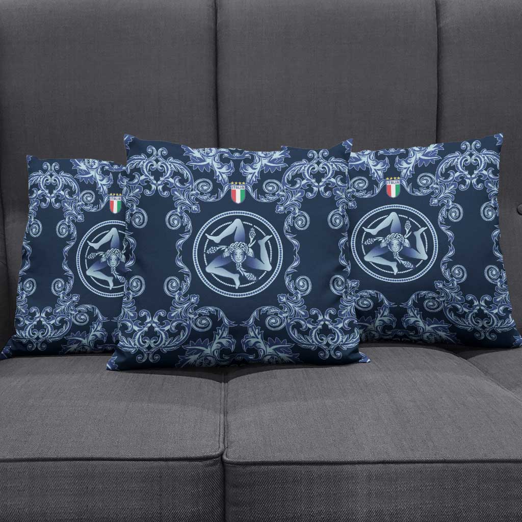Italy Football 2026 Pillow Cover Italian Trinacria Blue Baroque Design
