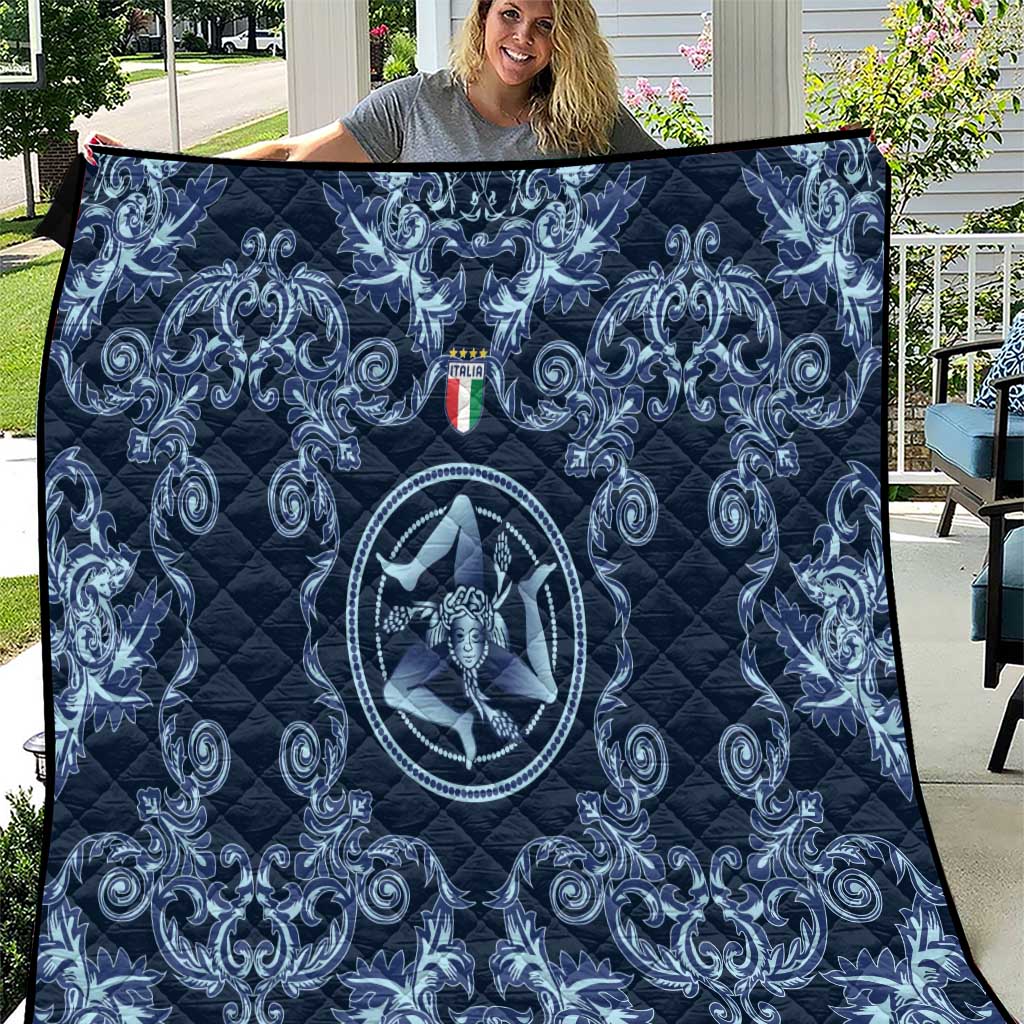 Italy Football 2026 Quilt Italian Trinacria Blue Baroque Design
