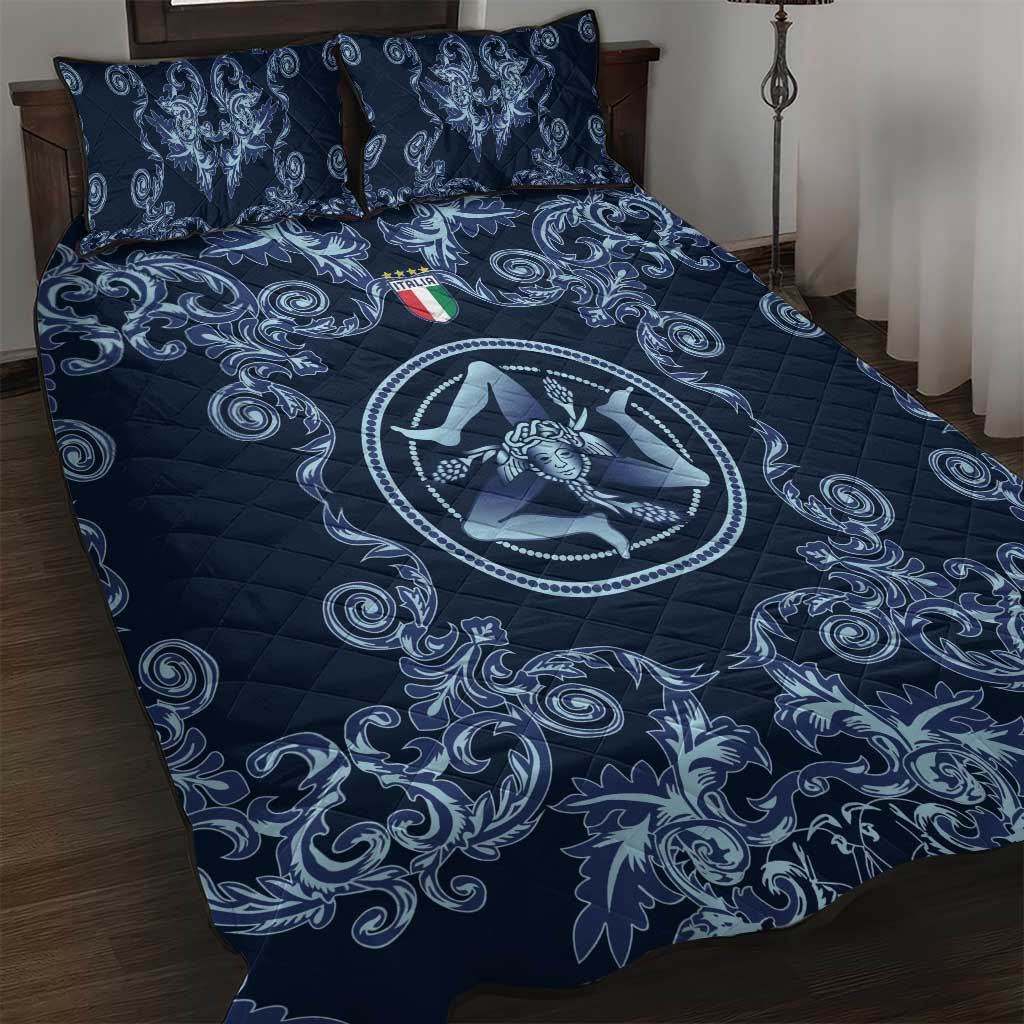 Italy Football 2026 Quilt Bed Set Italian Trinacria Blue Baroque Design