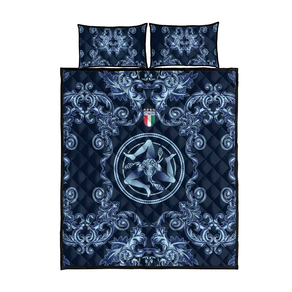 Italy Football 2026 Quilt Bed Set Italian Trinacria Blue Baroque Design