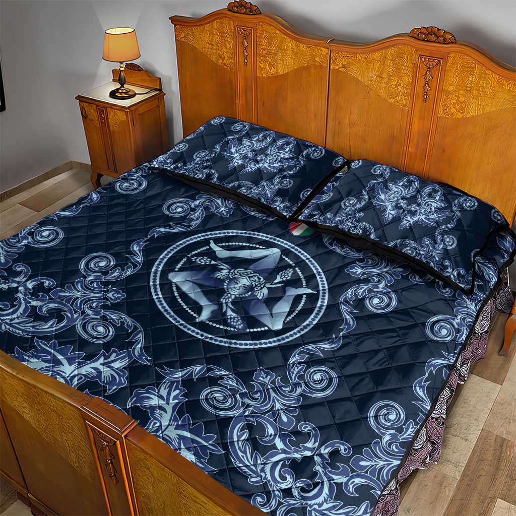 Italy Football 2026 Quilt Bed Set Italian Trinacria Blue Baroque Design