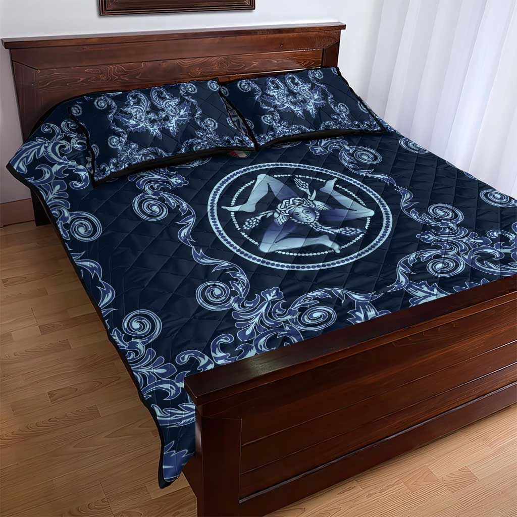 Italy Football 2026 Quilt Bed Set Italian Trinacria Blue Baroque Design
