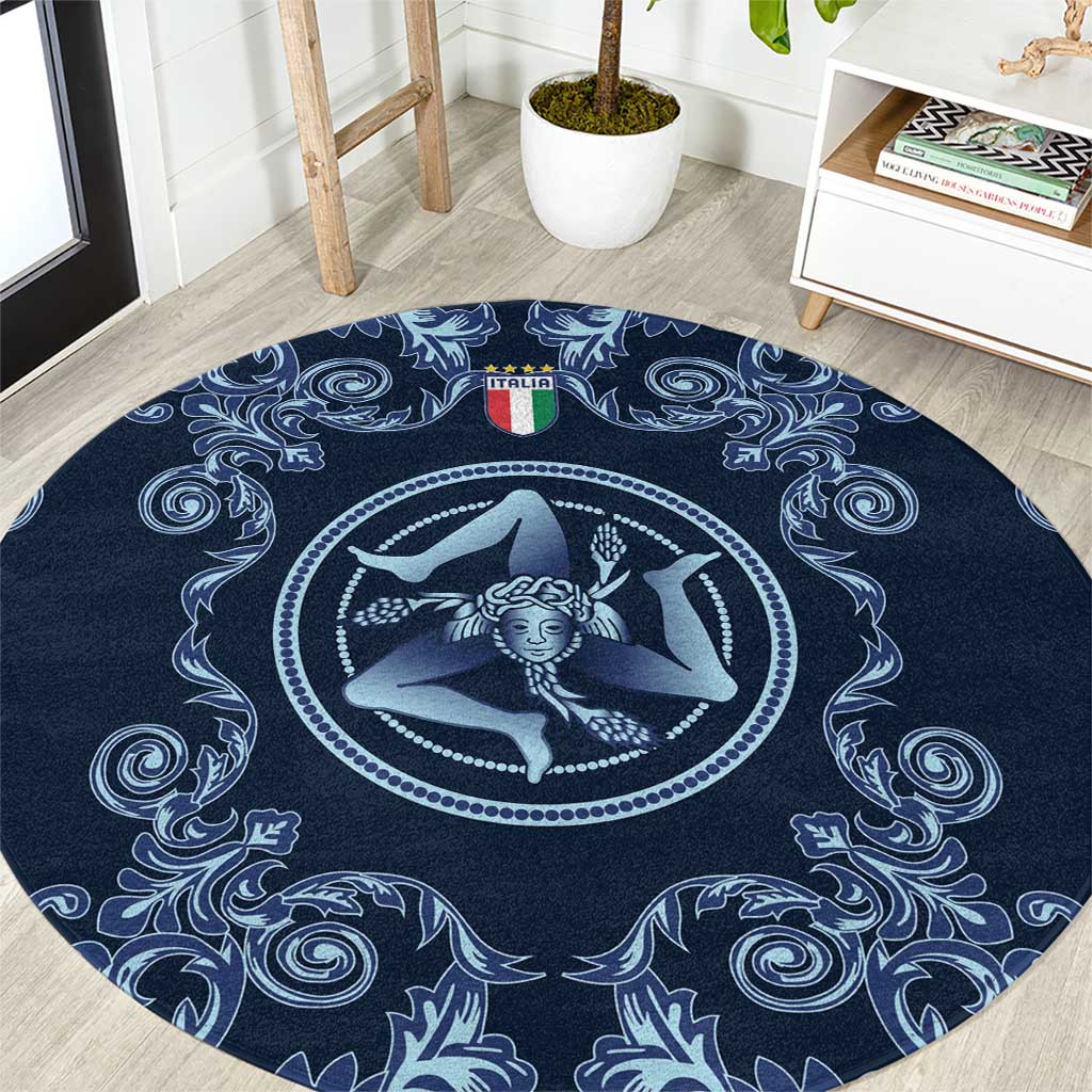 Italy Football 2026 Round Carpet Italian Trinacria Blue Baroque Design