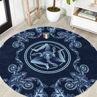 Italy Football 2026 Round Carpet Italian Trinacria Blue Baroque Design
