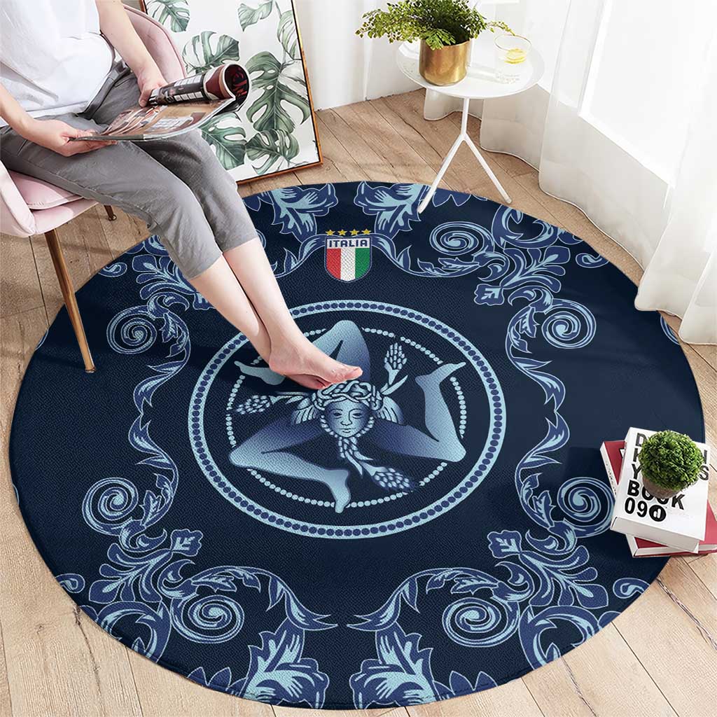 Italy Football 2026 Round Carpet Italian Trinacria Blue Baroque Design