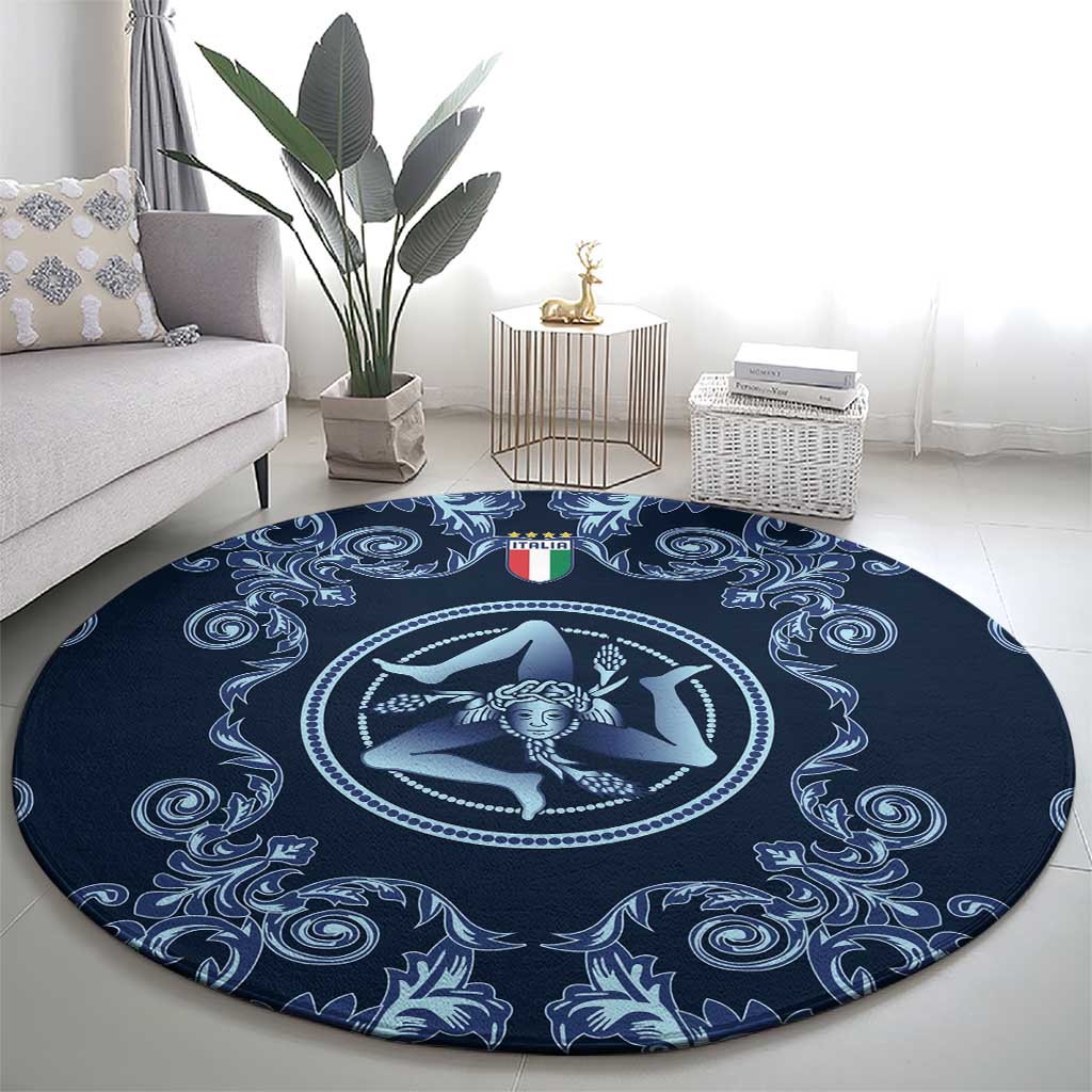 Italy Football 2026 Round Carpet Italian Trinacria Blue Baroque Design