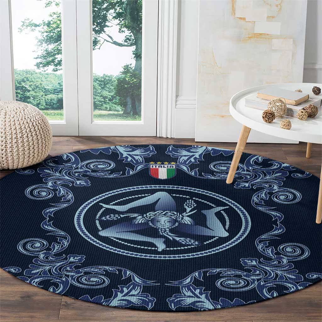 Italy Football 2026 Round Carpet Italian Trinacria Blue Baroque Design
