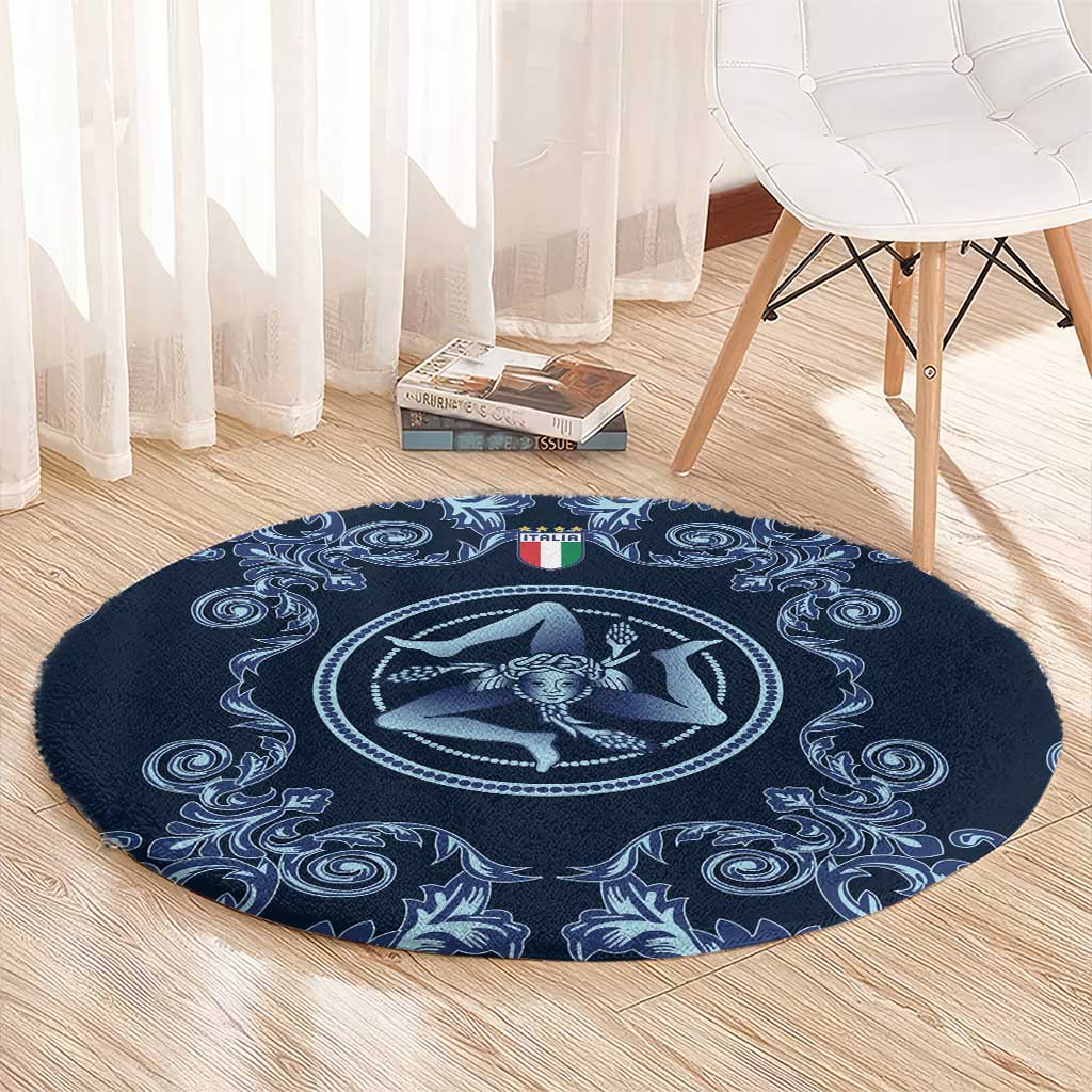Italy Football 2026 Round Carpet Italian Trinacria Blue Baroque Design